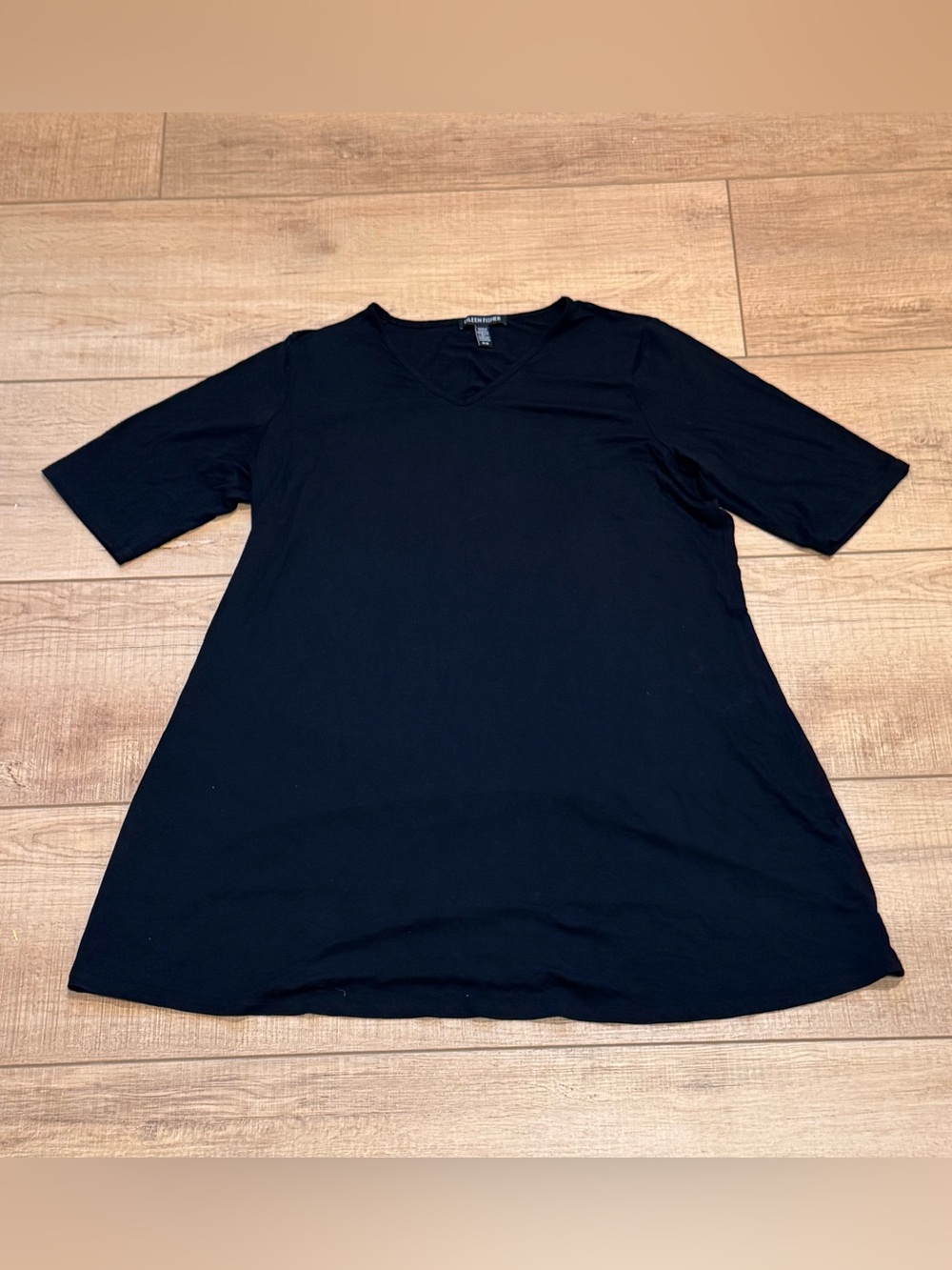 Eileen Fisher Black V-Neck Elbow Sleeve A-Line Swing Tunic M - Picture 3 of 9